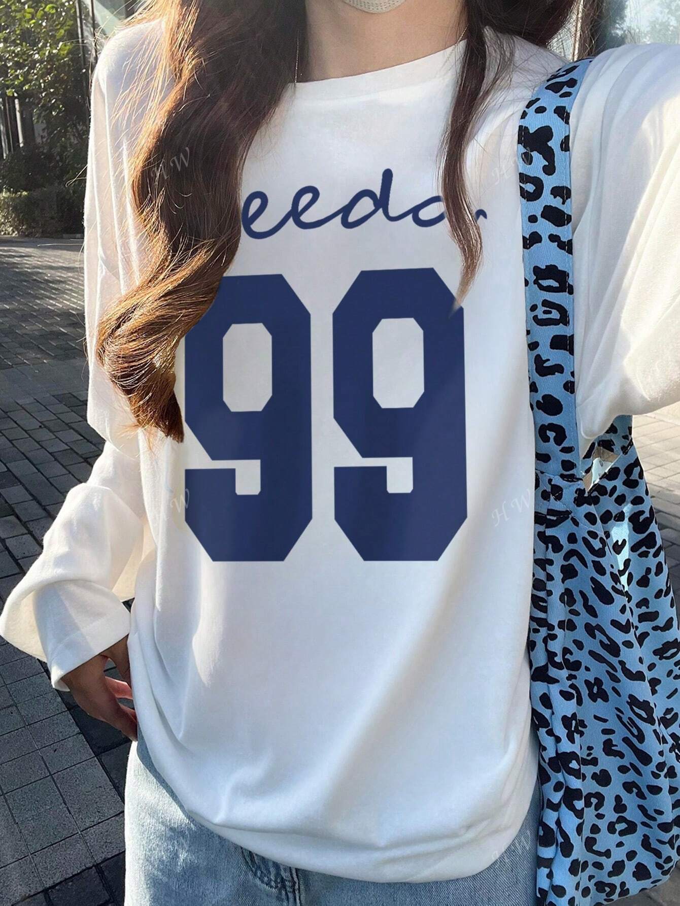 SXV 1pc Women's Casual Round Neck Numeric Print Sporty Pattern Cotton Loose Fit Long Sleeve T-Shirt, Versatile For Autumn