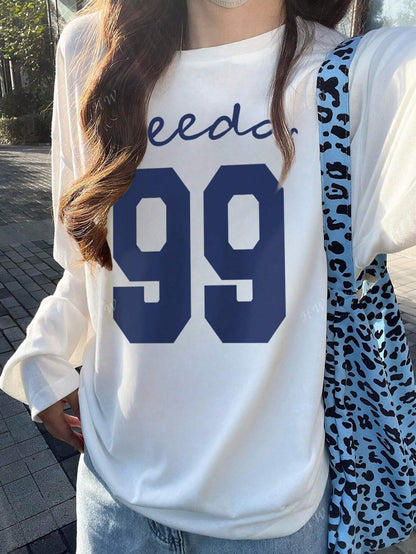 SXV 1pc Women's Casual Round Neck Numeric Print Sporty Pattern Cotton Loose Fit Long Sleeve T-Shirt, Versatile For Autumn