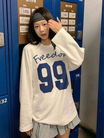 SXV 1pc Women's Casual Round Neck Numeric Print Sporty Pattern Cotton Loose Fit Long Sleeve T-Shirt, Versatile For Autumn