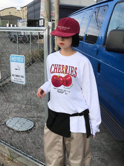 SXV Women's Casual Loose Fit Letter & Cherry Print Round Neck Long Sleeve Cotton T-Shirt, Fashion & Versatile, Spring