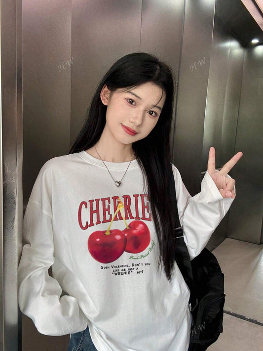 SXV Women's Casual Loose Fit Letter & Cherry Print Round Neck Long Sleeve Cotton T-Shirt, Fashion & Versatile, Spring