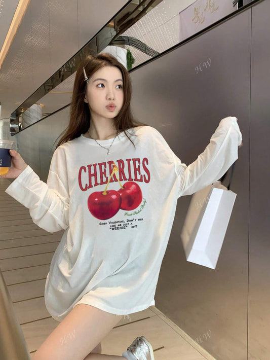 SXV Women's Casual Loose Fit Letter & Cherry Print Round Neck Long Sleeve Cotton T-Shirt, Fashion & Versatile, Spring