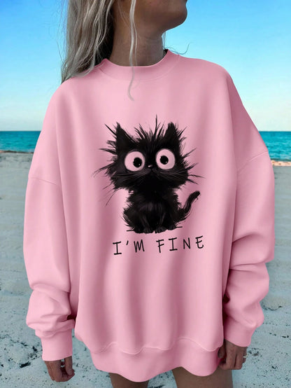 SXV Casual Minimalist Cat Print Pattern Loose Fit Crew Neck Long Sleeve Hoodie Sweatshirt