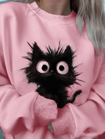 SXV Casual Minimalist Cat Print Pattern Loose Fit Crew Neck Long Sleeve Hoodie Sweatshirt