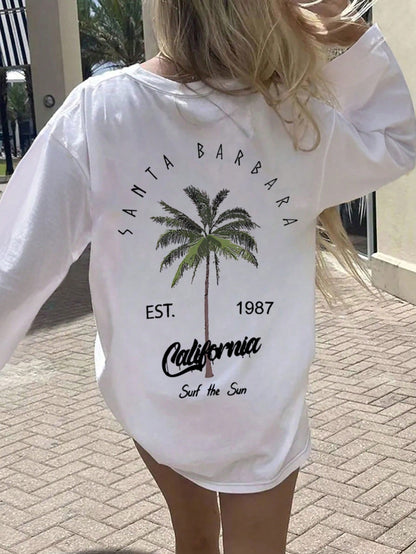 SXV Palm Tree Print Casual Loose Long Sleeve T-Shirt