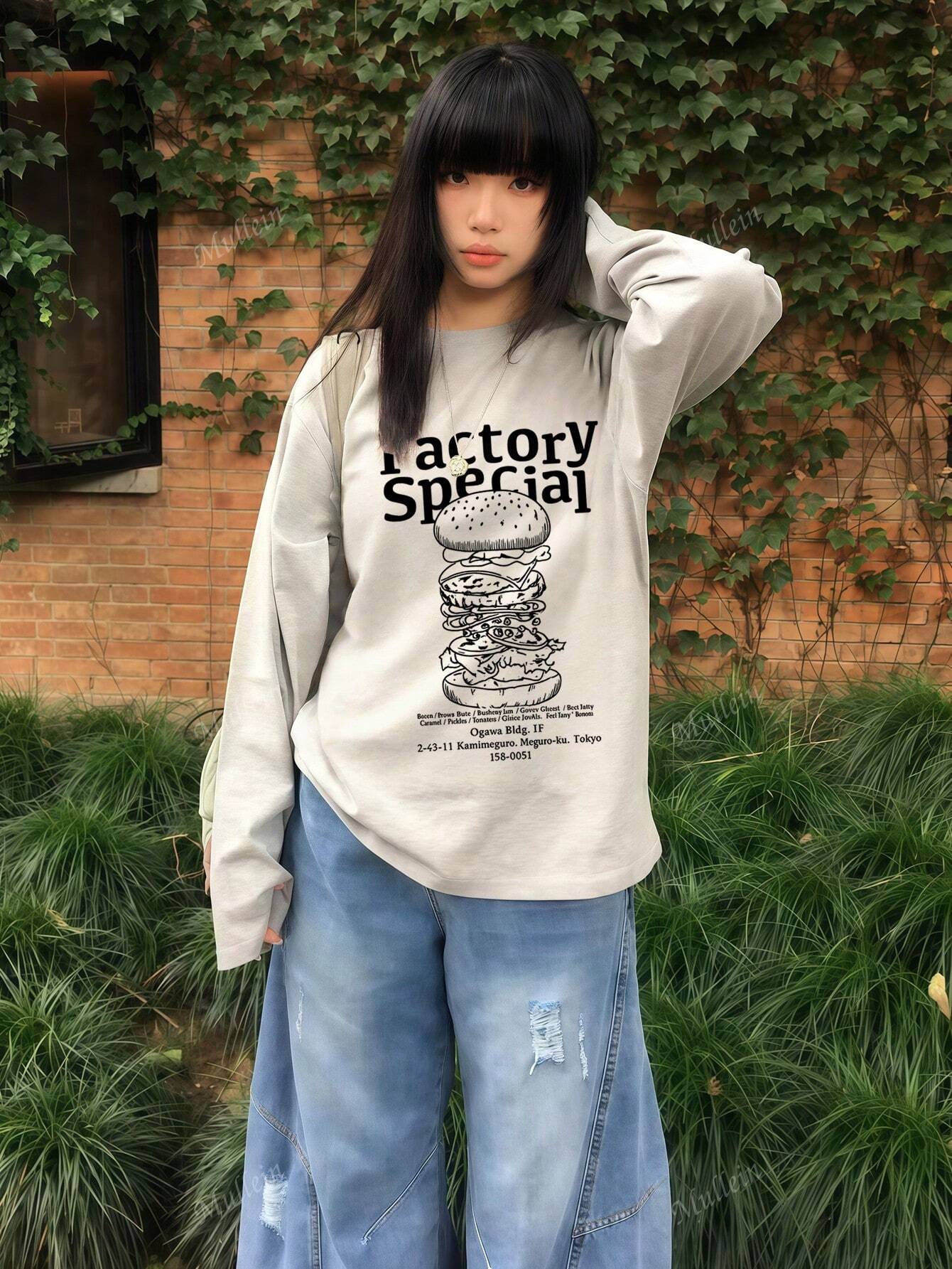 SXV Grey Hamburger Print Long Sleeve Round Neck T-Shirt For Women, Unique & Stylish Design, New Arrival For Early Autumn