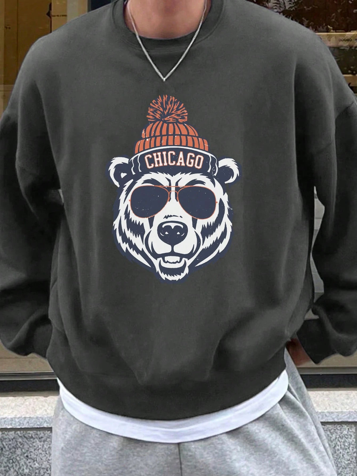 SXV Zrgoth Men's Round Neck Casual Bear Head Print Loose Comfortable Sweatshirt  Chicago Element Design