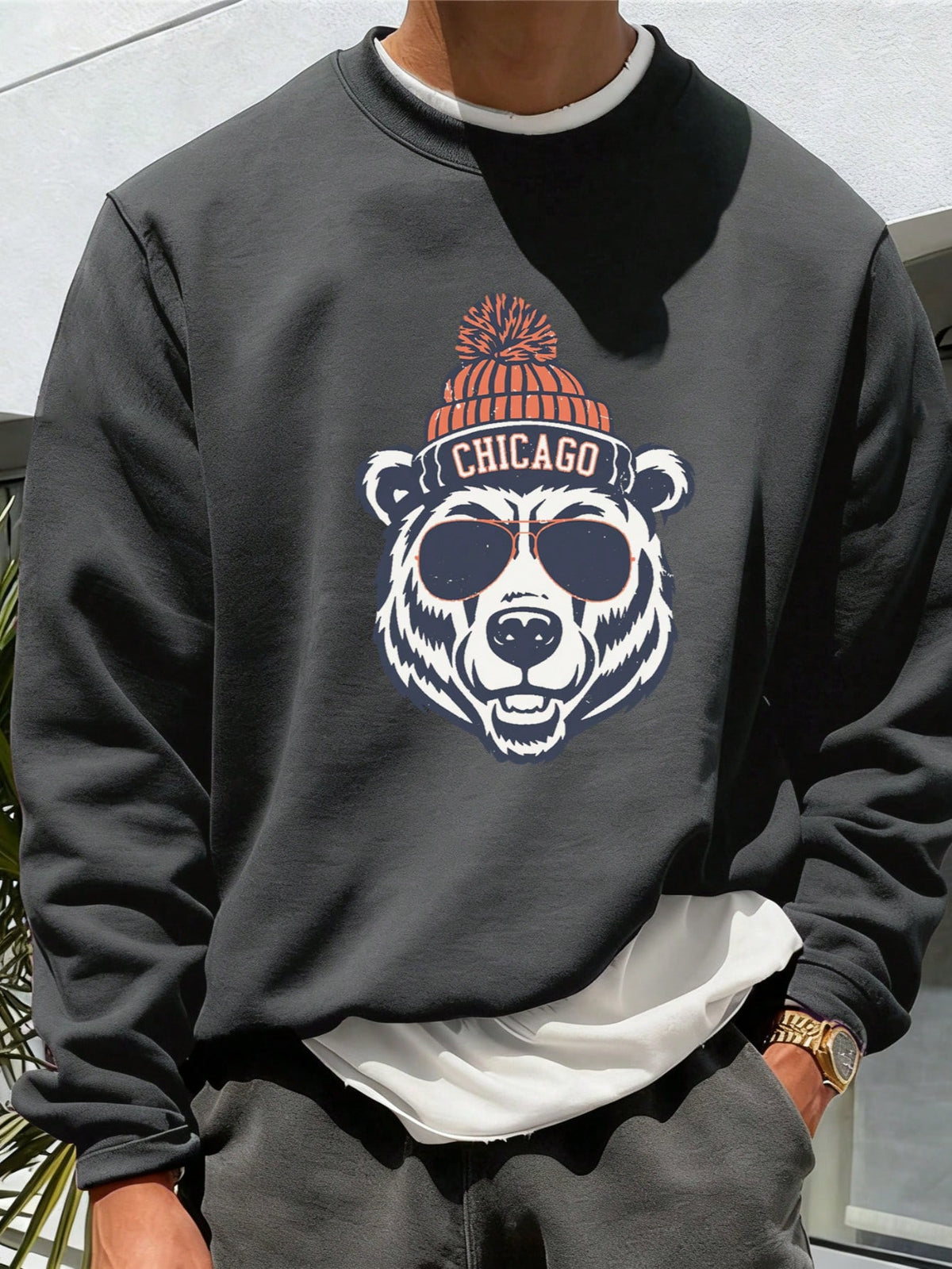 SXV Zrgoth Men's Round Neck Casual Bear Head Print Loose Comfortable Sweatshirt  Chicago Element Design