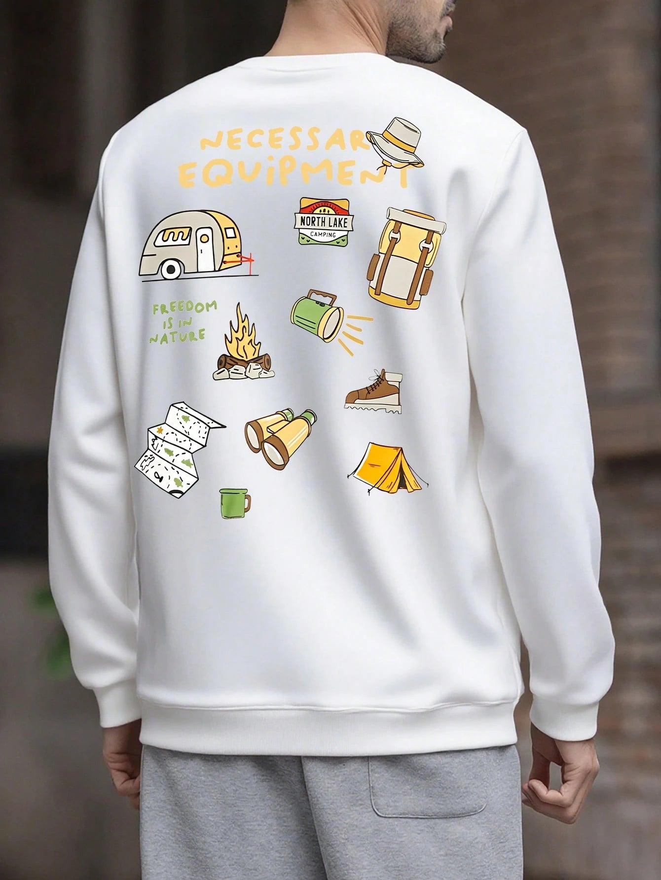 SXV Men's Casual Street Wild Bloom Cartoon Camping Graphic Print Crew Neck Sweatshirt, Autumn