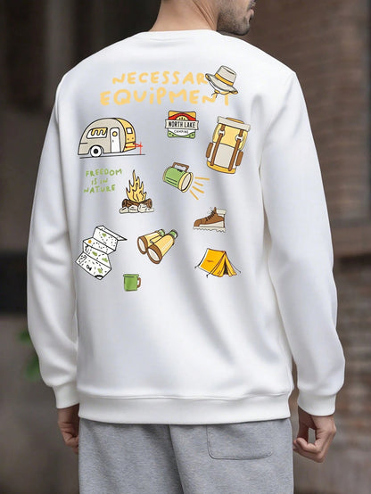 SXV Men's Casual Street Wild Bloom Cartoon Camping Graphic Print Crew Neck Sweatshirt, Autumn