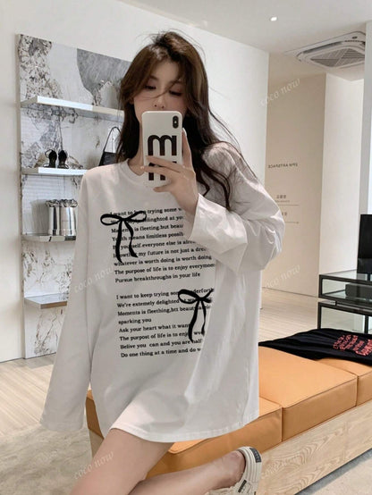 SXV Women's Round Neck Letter & Bow Print Casual Versatile Sweet Cute Loose Cotton Long Sleeve T-Shirt Top, Autumn