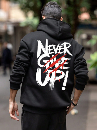 SXV NEVER GIVE UP Letter Slogan & Scratch Print Casual Loose Fit Hoodie Sweatshirt