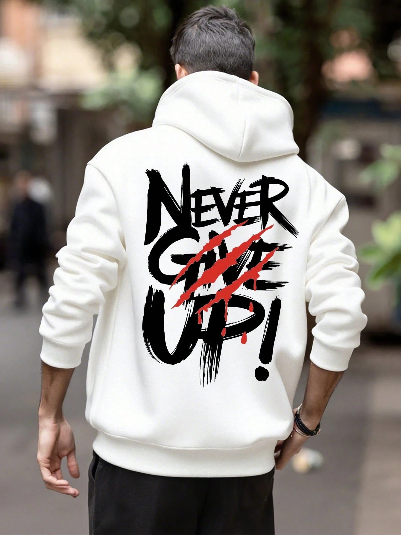 SXV NEVER GIVE UP Letter Slogan & Scratch Print Casual Loose Fit Hoodie Sweatshirt