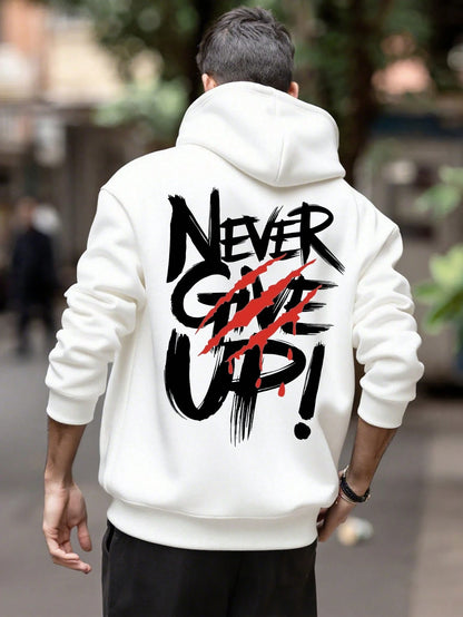 SXV NEVER GIVE UP Letter Slogan & Scratch Print Casual Loose Fit Hoodie Sweatshirt