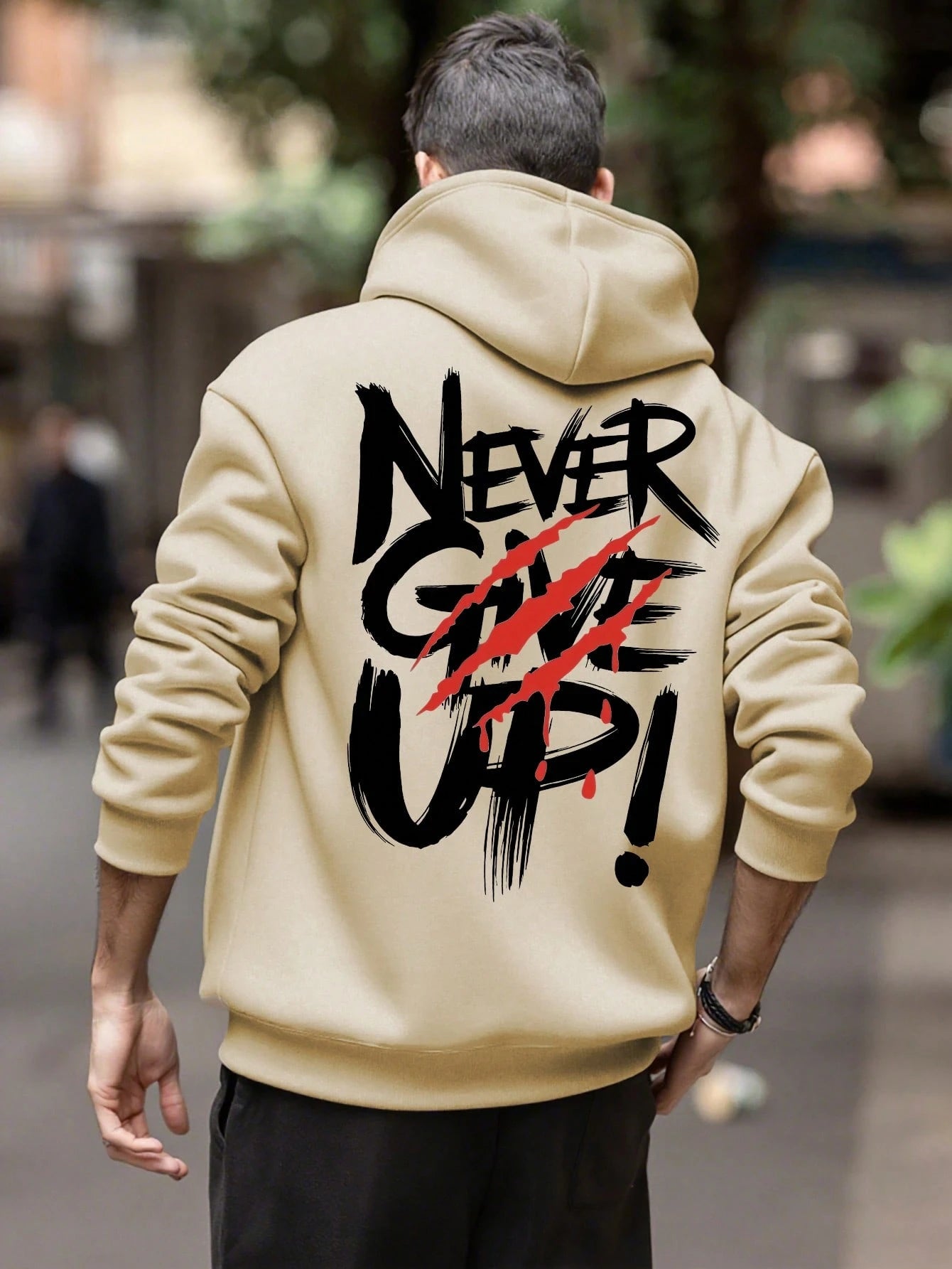 SXV NEVER GIVE UP Letter Slogan & Scratch Print Casual Loose Fit Hoodie Sweatshirt