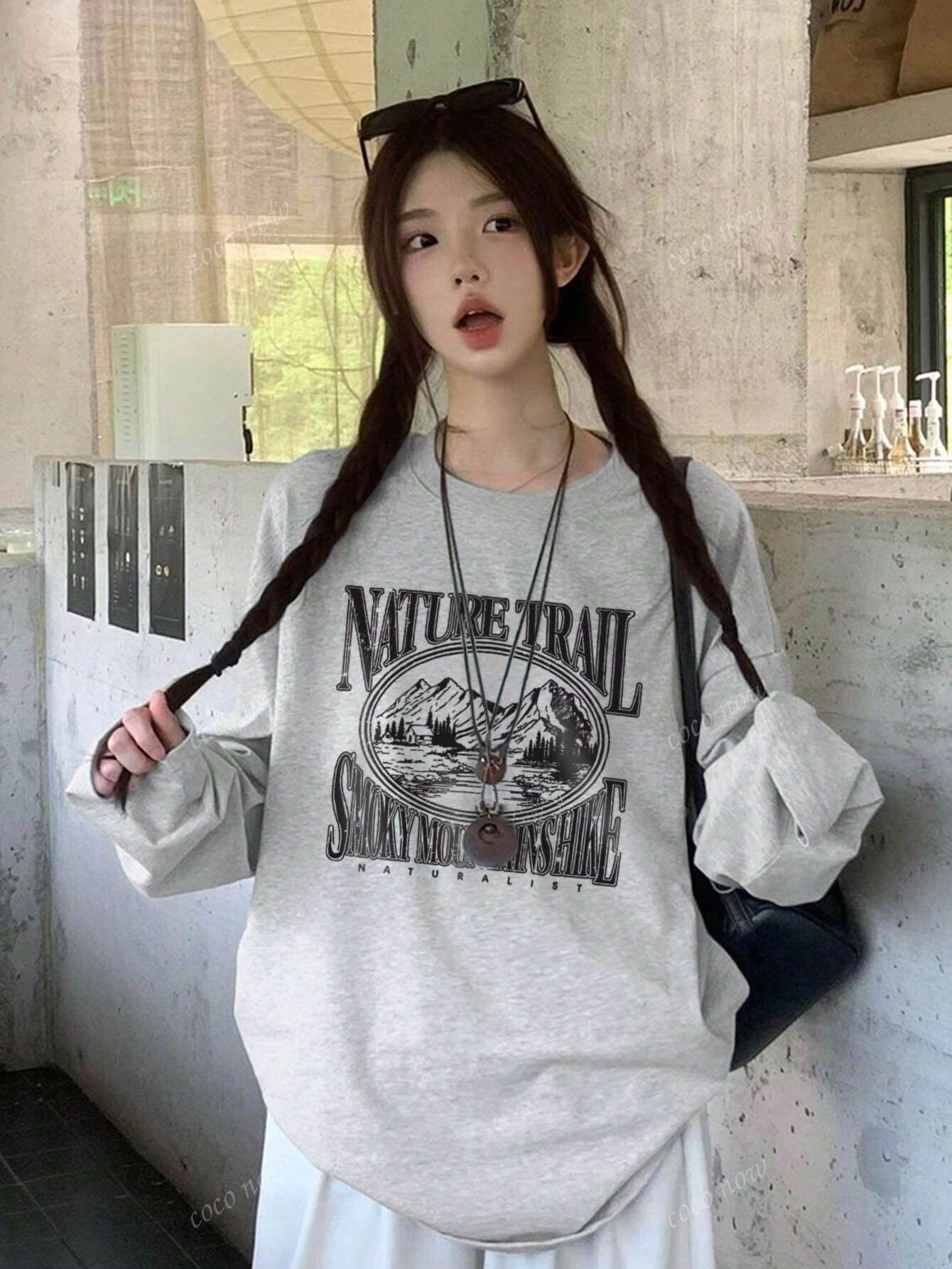 SXV Winter Women Oversized Casual Crew Neck Long Sleeve Kawaii Graphic T-Shirt Top