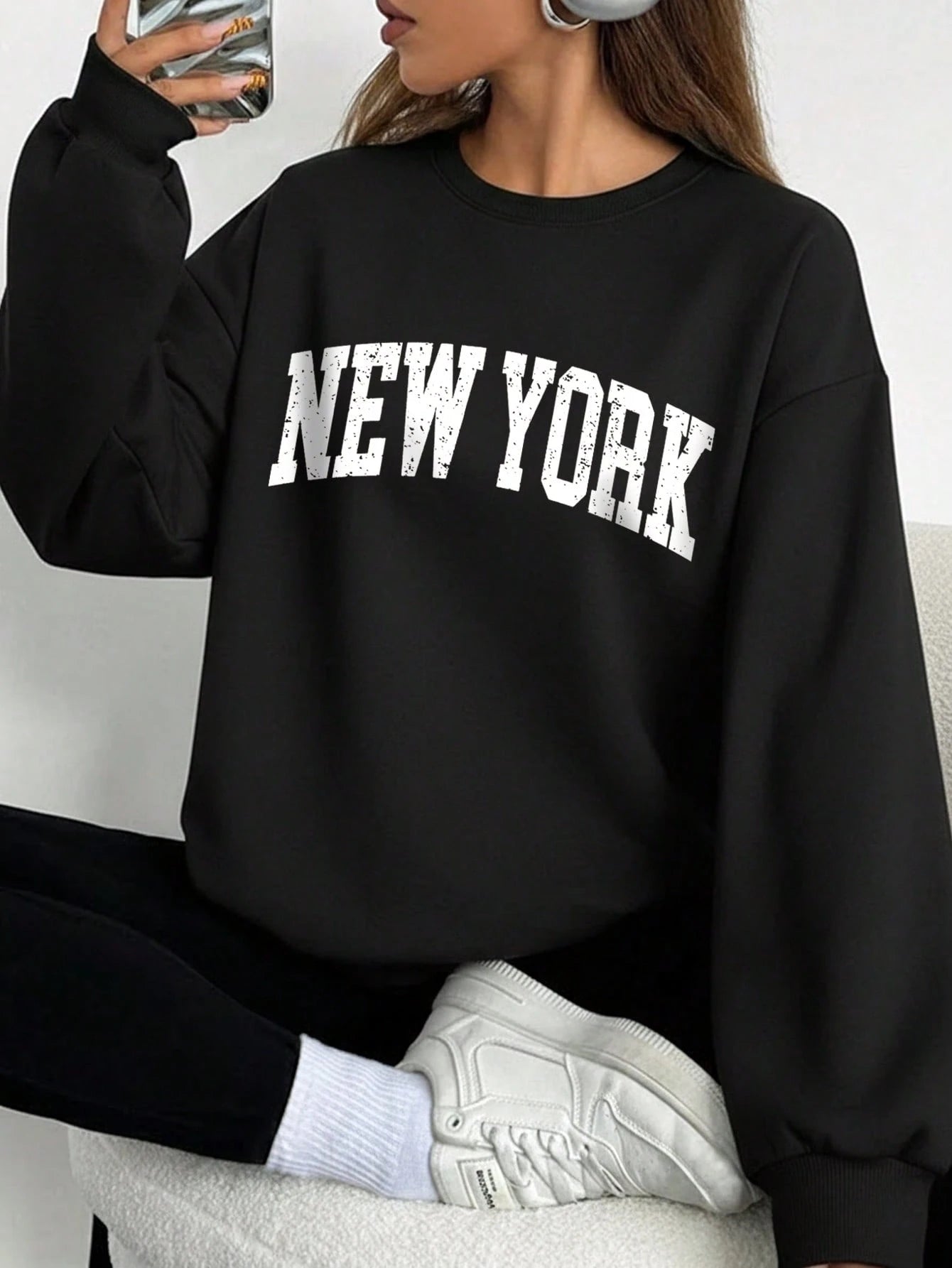 SXV New York Letter Retro Distressed Pattern Printed Sweatshirt