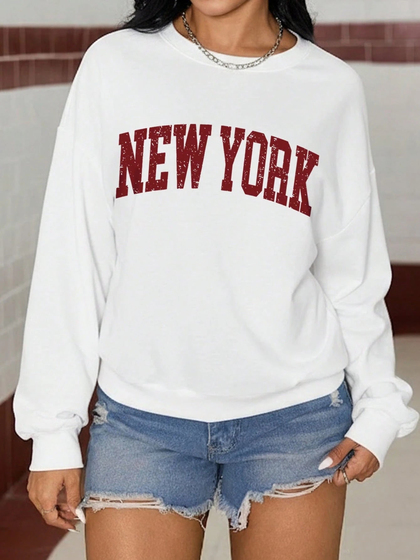 SXV New York Letter Retro Distressed Pattern Printed Sweatshirt