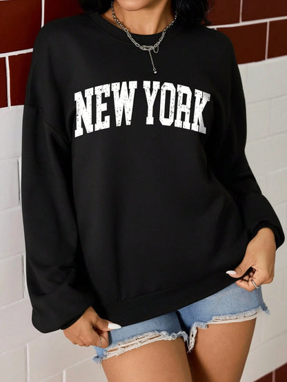 SXV New York Letter Retro Distressed Pattern Printed Sweatshirt