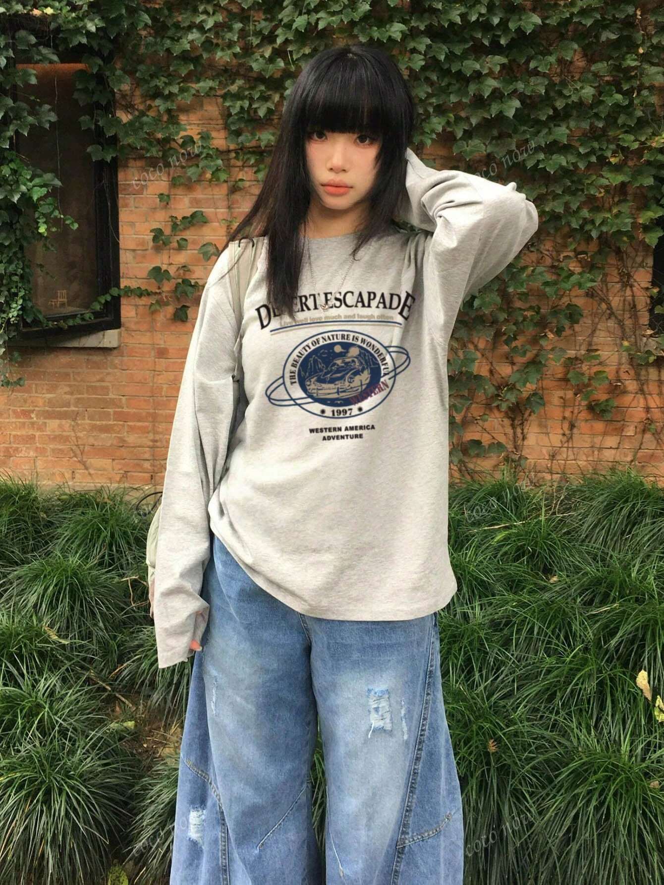 SXV Summer New Loose Fit Round Neck Casual Versatile Kawaii Print Long Sleeve T-Shirt Top