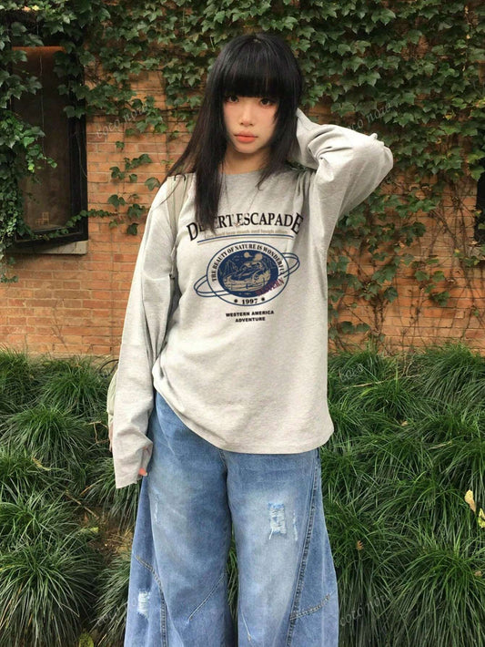 SXV Summer New Loose Fit Round Neck Casual Versatile Kawaii Print Long Sleeve T-Shirt Top