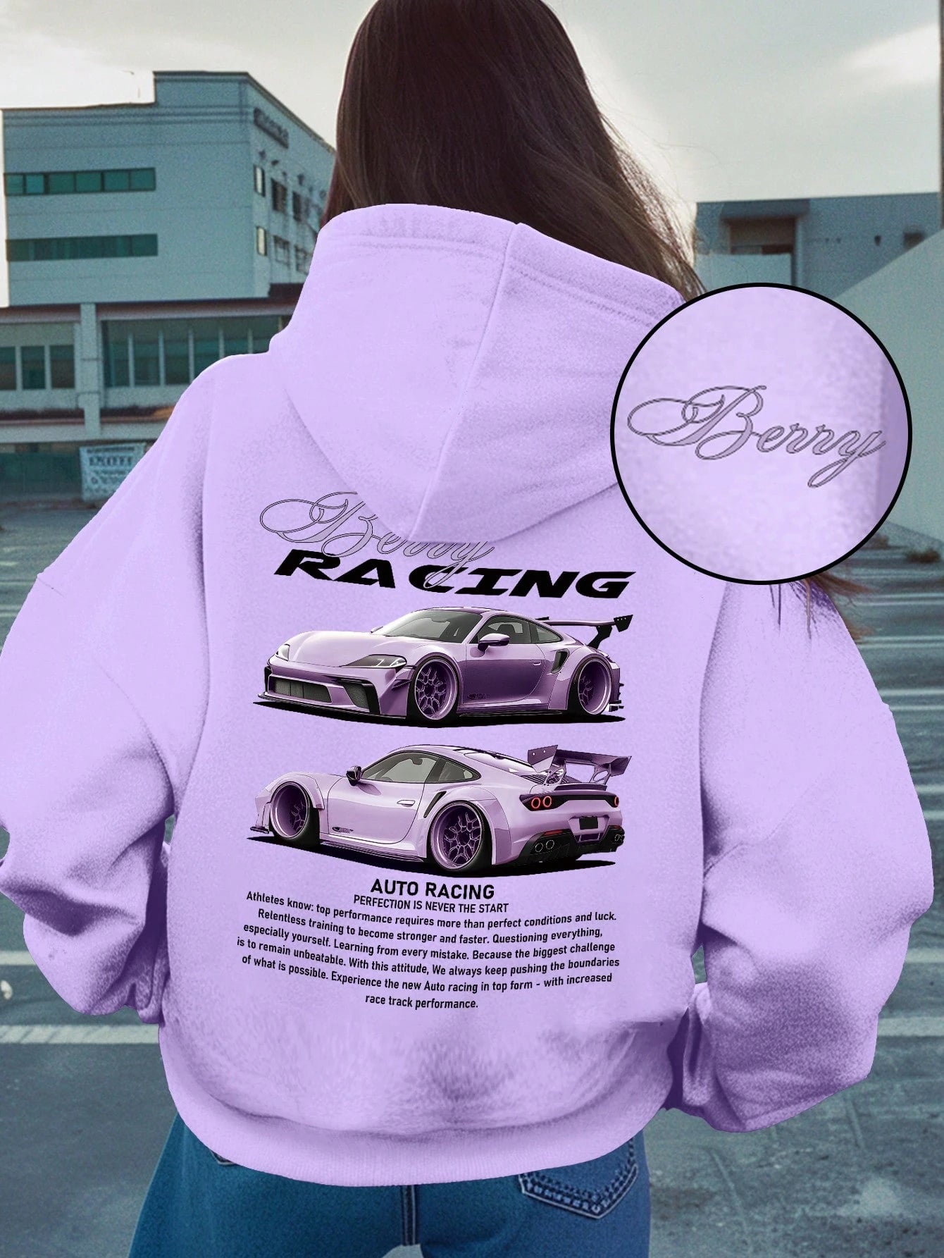 SXV Berry Racing Casual Slogan & Car Printed Loose Hoodie Sweatshirt