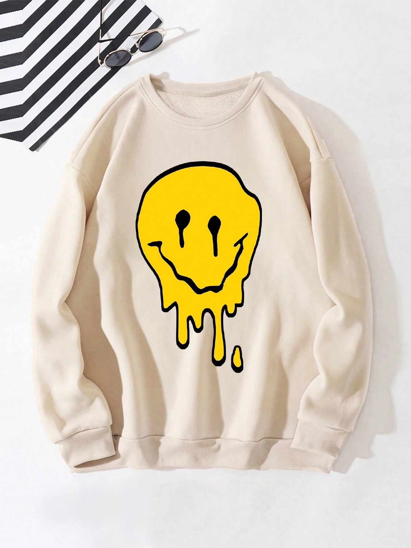 SXV Men's Funny Smiling Face Print Crew Neck Sweatshirt, Street Fashion, Autumn