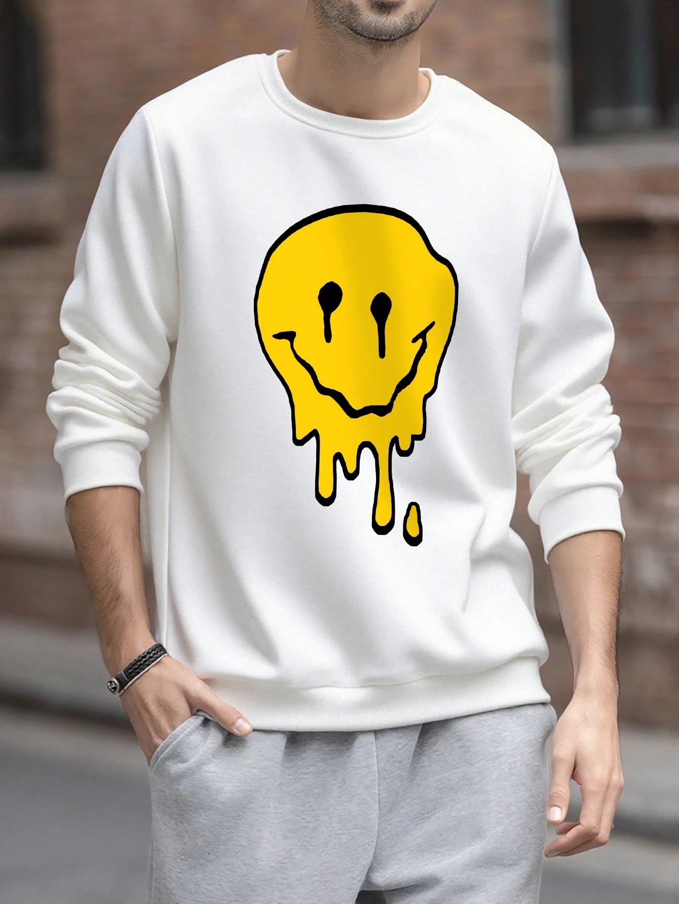 SXV Men's Funny Smiling Face Print Crew Neck Sweatshirt, Street Fashion, Autumn
