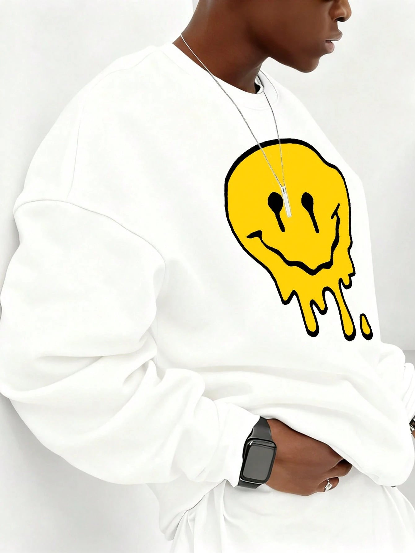 SXV Men's Funny Smiling Face Print Crew Neck Sweatshirt, Street Fashion, Autumn