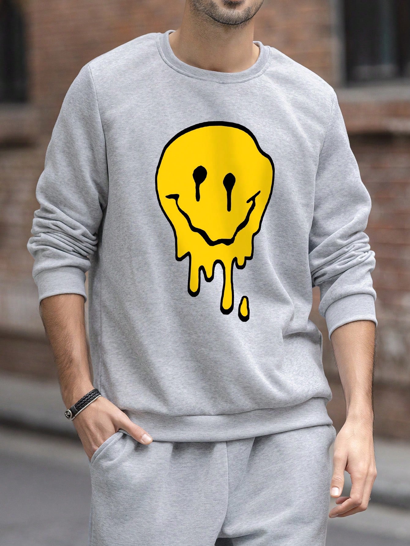SXV Men's Funny Smiling Face Print Crew Neck Sweatshirt, Street Fashion, Autumn