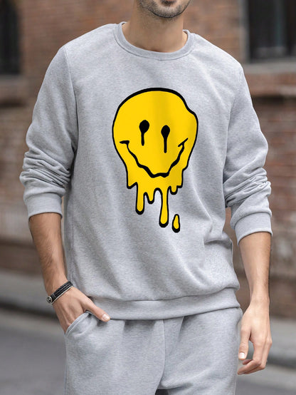 SXV Men's Funny Smiling Face Print Crew Neck Sweatshirt, Street Fashion, Autumn