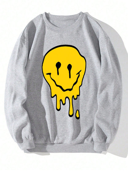 SXV Men's Funny Smiling Face Print Crew Neck Sweatshirt, Street Fashion, Autumn