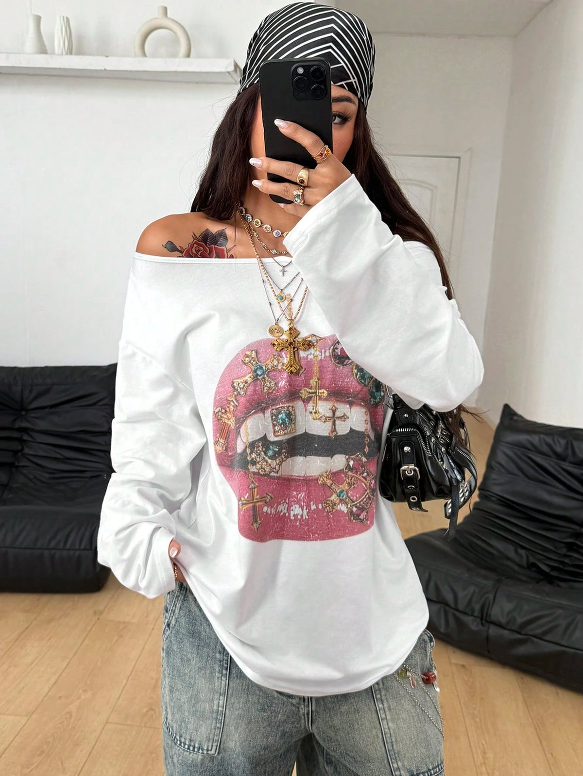 SXV Streetwear Daily Wear Casual Vintage Homecoming Y2K Graphics Comfortable Asymmetrical Neck Off The Shoulder Long Sleeve T-Shirt