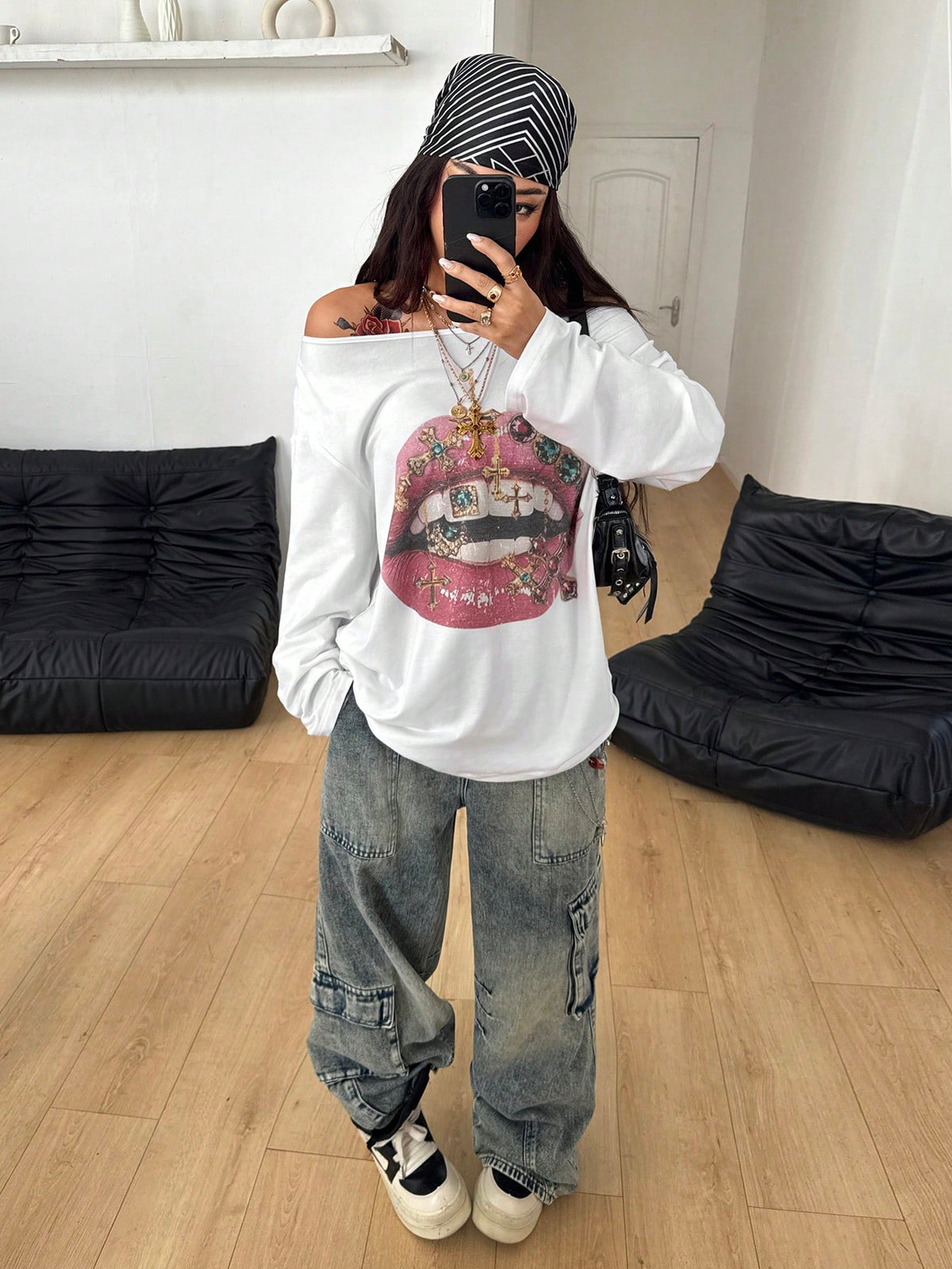 SXV Streetwear Daily Wear Casual Vintage Homecoming Y2K Graphics Comfortable Asymmetrical Neck Off The Shoulder Long Sleeve T-Shirt