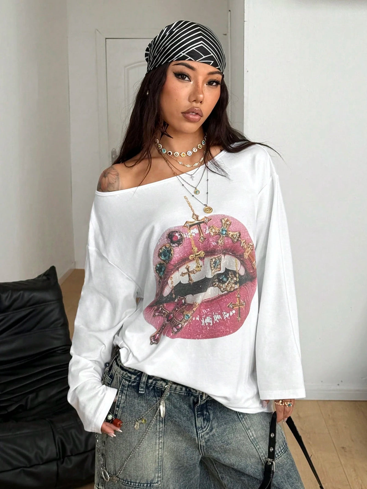 SXV Streetwear Daily Wear Casual Vintage Homecoming Y2K Graphics Comfortable Asymmetrical Neck Off The Shoulder Long Sleeve T-Shirt