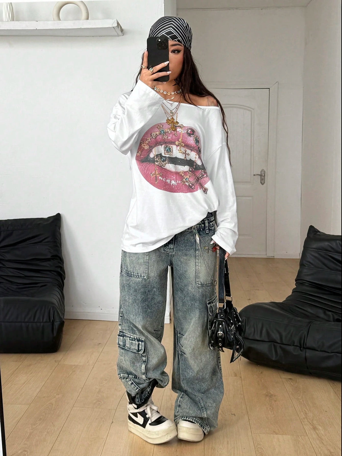 SXV Streetwear Daily Wear Casual Vintage Homecoming Y2K Graphics Comfortable Asymmetrical Neck Off The Shoulder Long Sleeve T-Shirt