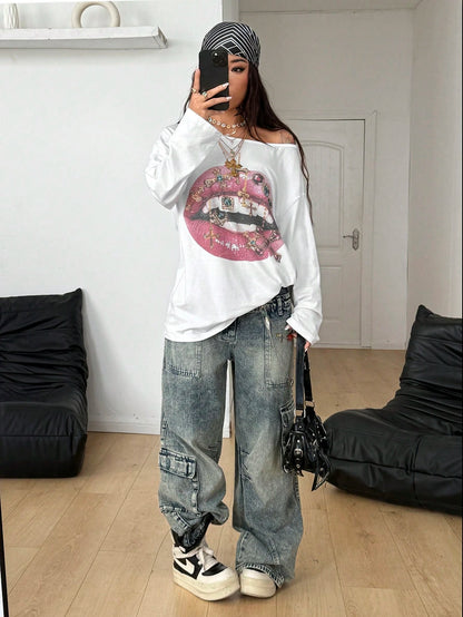 SXV Streetwear Daily Wear Casual Vintage Homecoming Y2K Graphics Comfortable Asymmetrical Neck Off The Shoulder Long Sleeve T-Shirt