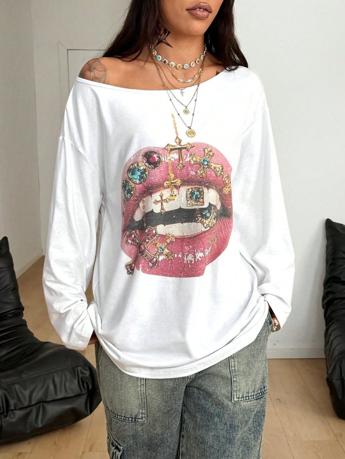 SXV Streetwear Daily Wear Casual Vintage Homecoming Y2K Graphics Comfortable Asymmetrical Neck Off The Shoulder Long Sleeve T-Shirt
