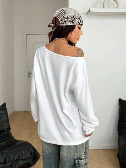 SXV Streetwear Daily Wear Casual Vintage Homecoming Y2K Graphics Comfortable Asymmetrical Neck Off The Shoulder Long Sleeve T-Shirt