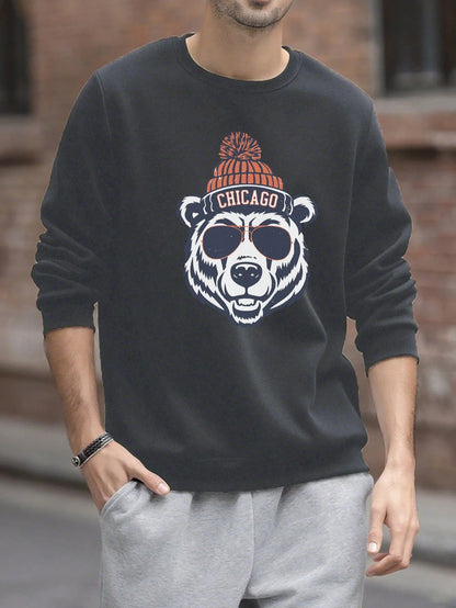 SXV Zrgoth Men's Round Neck Casual Bear Head Print Loose Comfortable Sweatshirt  Chicago Element Design