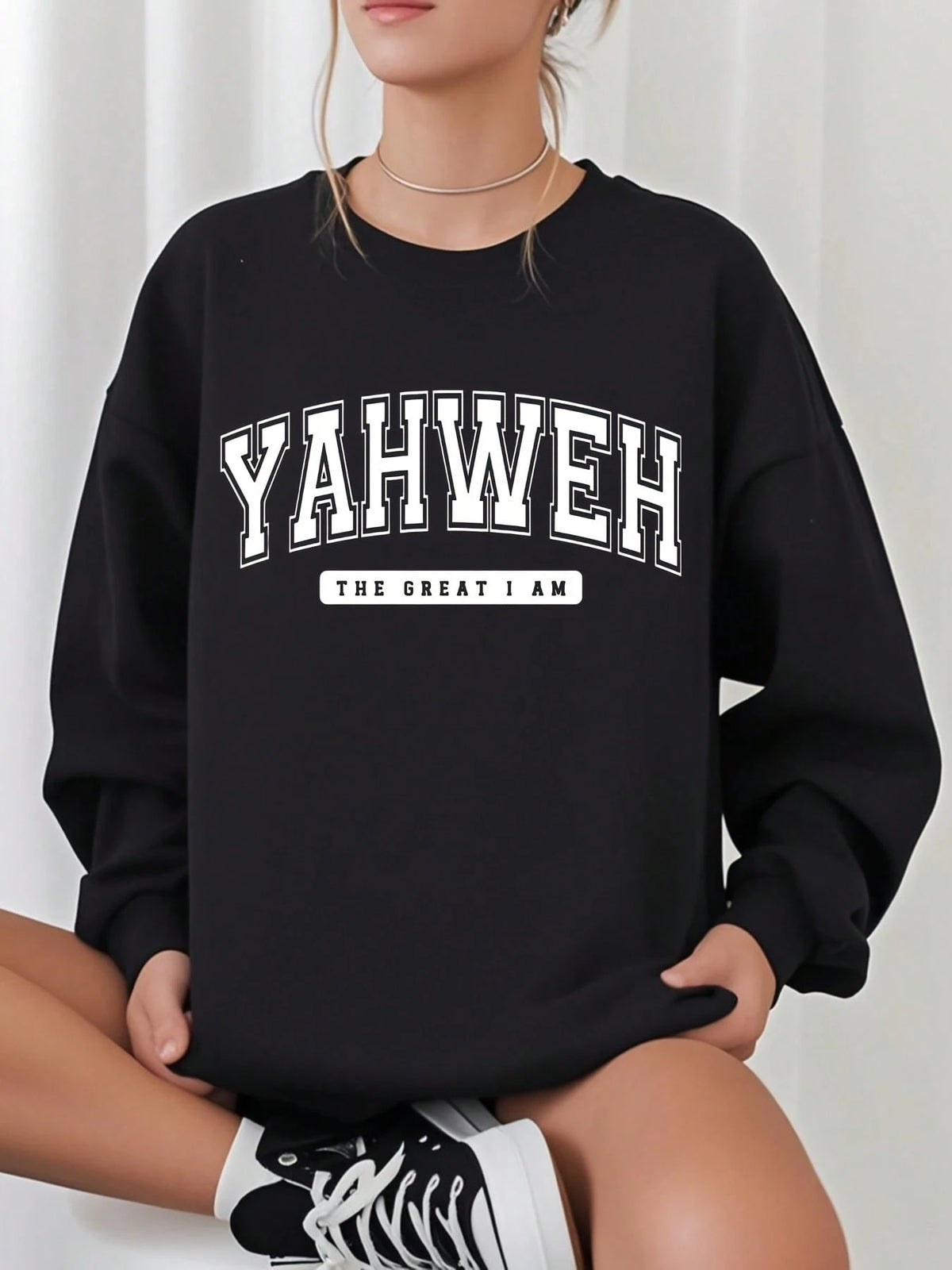 SXV YAHWEH Print Crew Neck Short Pullover Sweatshirt
