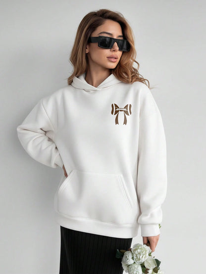 SXV Casual Fashion Sports American Style Loose Slim Women's White Sweatshirt With Hood And Long Sleeves And Bow Pattern On The Chest And Back