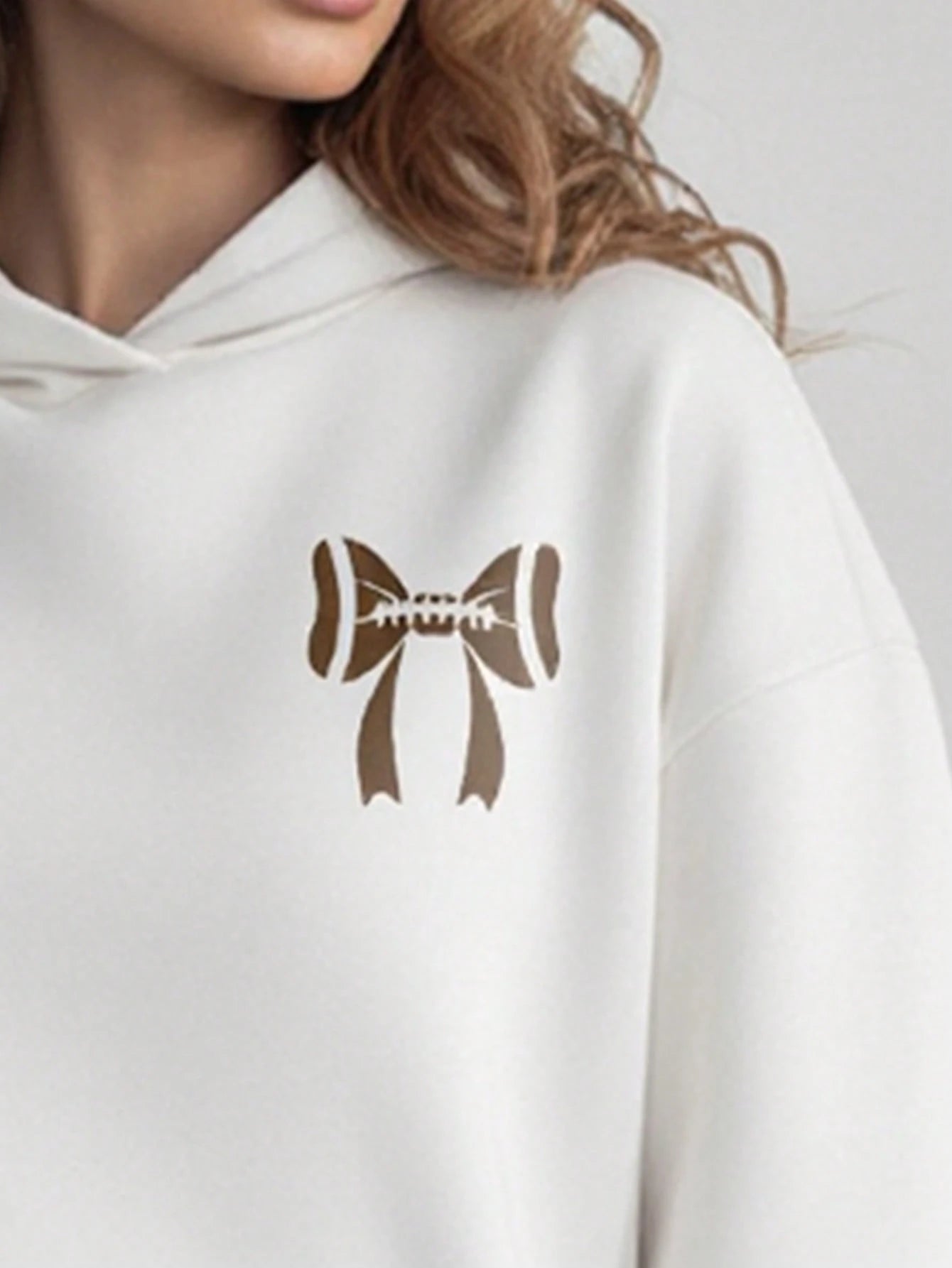 SXV Casual Fashion Sports American Style Loose Slim Women's White Sweatshirt With Hood And Long Sleeves And Bow Pattern On The Chest And Back