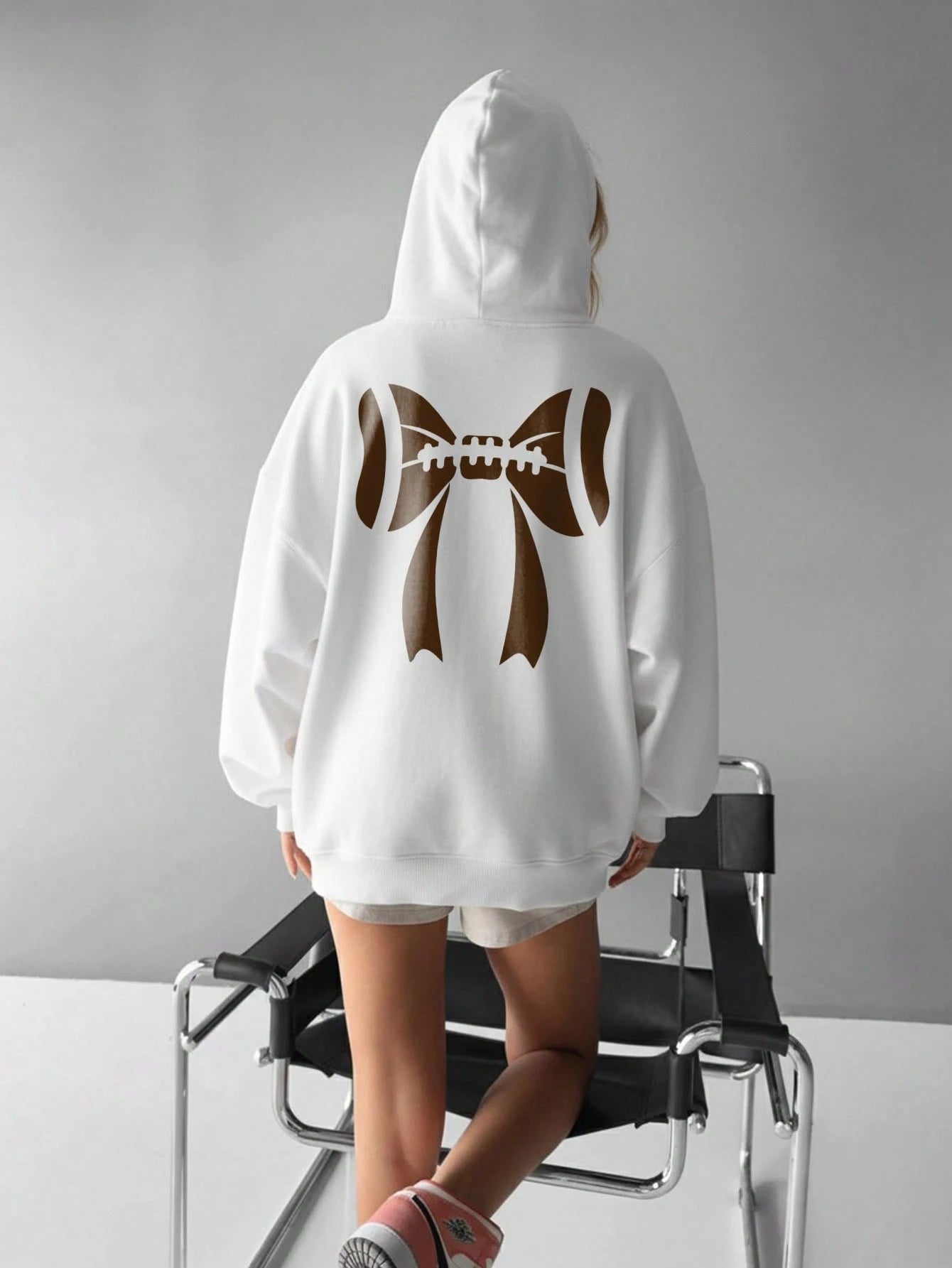 SXV Casual Fashion Sports American Style Loose Slim Women's White Sweatshirt With Hood And Long Sleeves And Bow Pattern On The Chest And Back