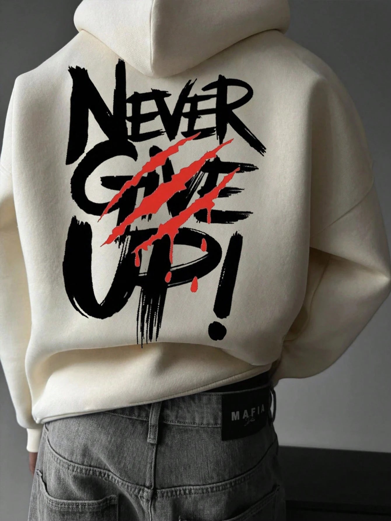 SXV NEVER GIVE UP Letter Slogan & Scratch Print Casual Loose Fit Hoodie Sweatshirt