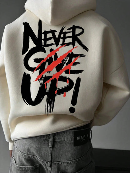 SXV NEVER GIVE UP Letter Slogan & Scratch Print Casual Loose Fit Hoodie Sweatshirt
