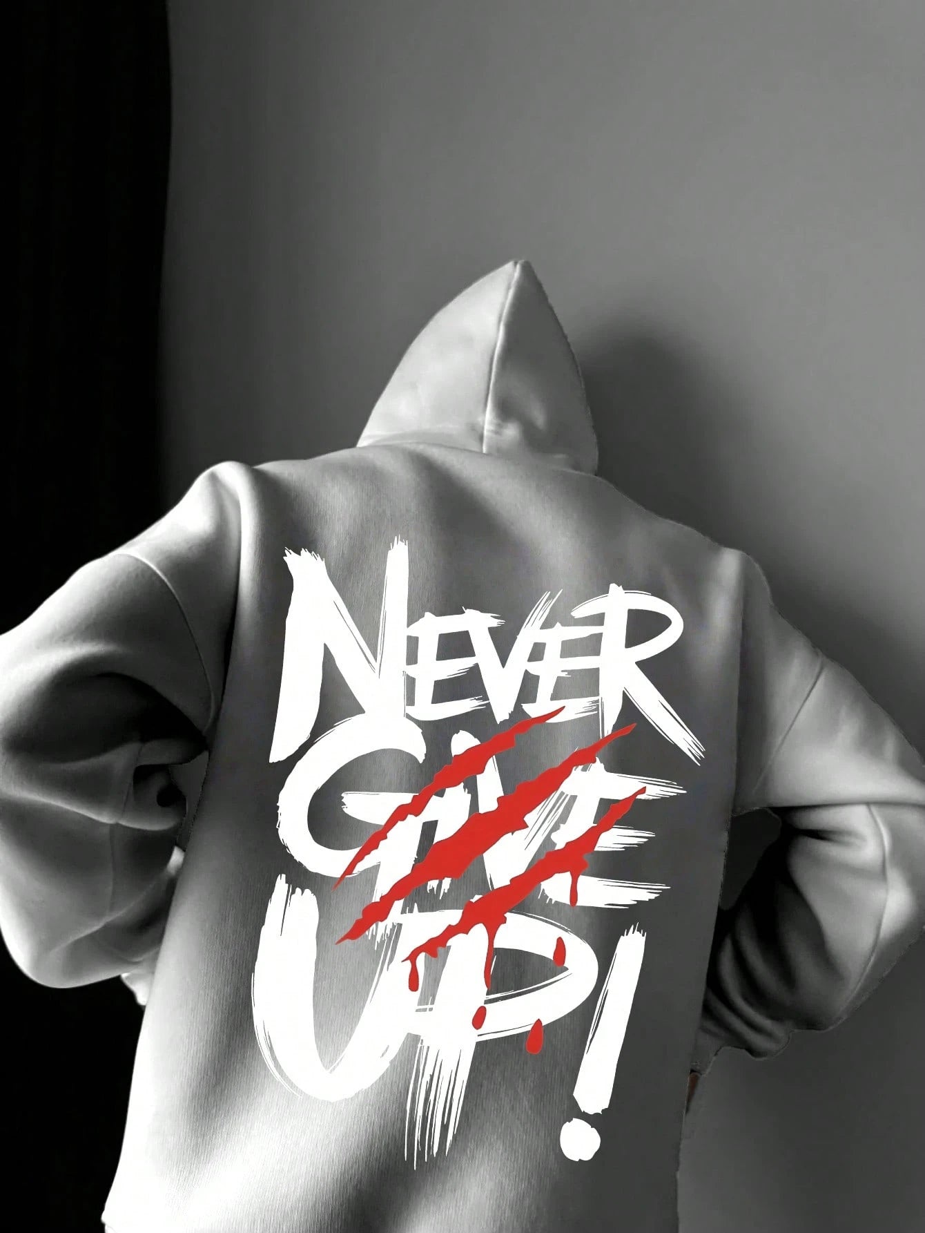 SXV NEVER GIVE UP Letter Slogan & Scratch Print Casual Loose Fit Hoodie Sweatshirt