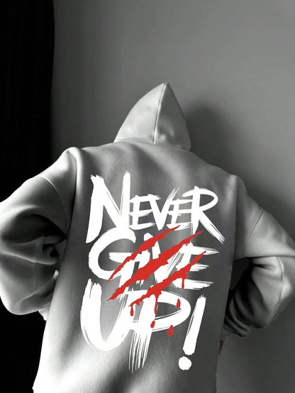 SXV NEVER GIVE UP Letter Slogan & Scratch Print Casual Loose Fit Hoodie Sweatshirt