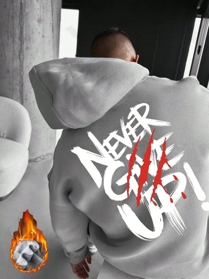 SXV NEVER GIVE UP Letter Slogan & Scratch Print Casual Loose Fit Hoodie Sweatshirt