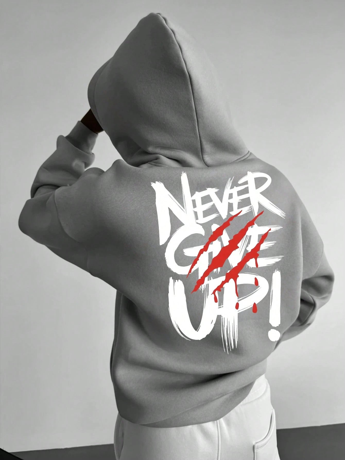 SXV NEVER GIVE UP Letter Slogan & Scratch Print Casual Loose Fit Hoodie Sweatshirt
